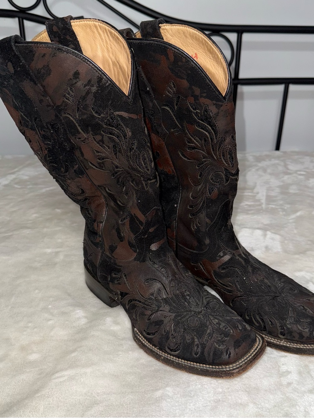 Stetson Black & Brown Embossed Floral Western Boots